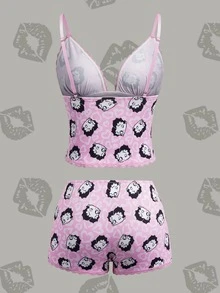 Betty Boop x SHEIN Spaghetti Strap Fitted Lace Trim Cute Allover Print Summer Set - Pink - View 2