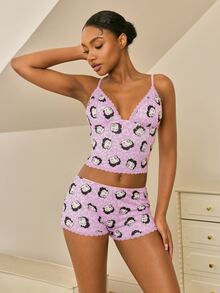 Betty Boop x SHEIN Spaghetti Strap Fitted Lace Trim Cute Allover Print Summer Set - Pink - View 1