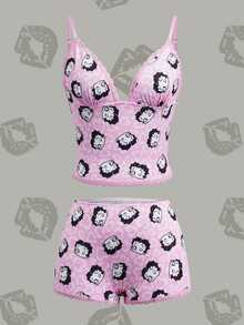 Betty Boop x SHEIN Spaghetti Strap Fitted Lace Trim Cute Allover Print Summer Set - Pink - View 3