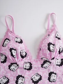 Betty Boop x SHEIN Spaghetti Strap Fitted Lace Trim Cute Allover Print Summer Set - Pink - View 9