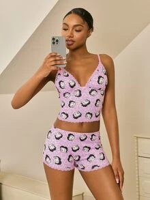 Betty Boop x SHEIN Spaghetti Strap Fitted Lace Trim Cute Allover Print Summer Set - Pink - View 7