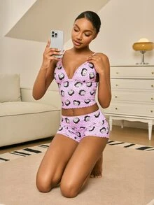 Betty Boop x SHEIN Spaghetti Strap Fitted Lace Trim Cute Allover Print Summer Set - Pink - View 8