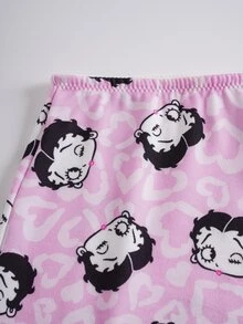 Betty Boop x SHEIN Spaghetti Strap Fitted Lace Trim Cute Allover Print Summer Set - Pink - View 11