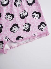 Betty Boop x SHEIN Spaghetti Strap Fitted Lace Trim Cute Allover Print Summer Set - Pink - View 12