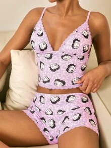Betty Boop x SHEIN Spaghetti Strap Fitted Lace Trim Cute Allover Print Summer Set - Pink - View 4