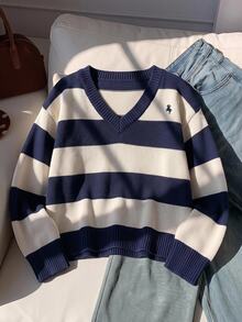 SHEIN 青少年女孩秋冬藍色與白色拼色條紋V領針織衫 寬鬆休閒日常街頭風 - 彩色 - 查看 1