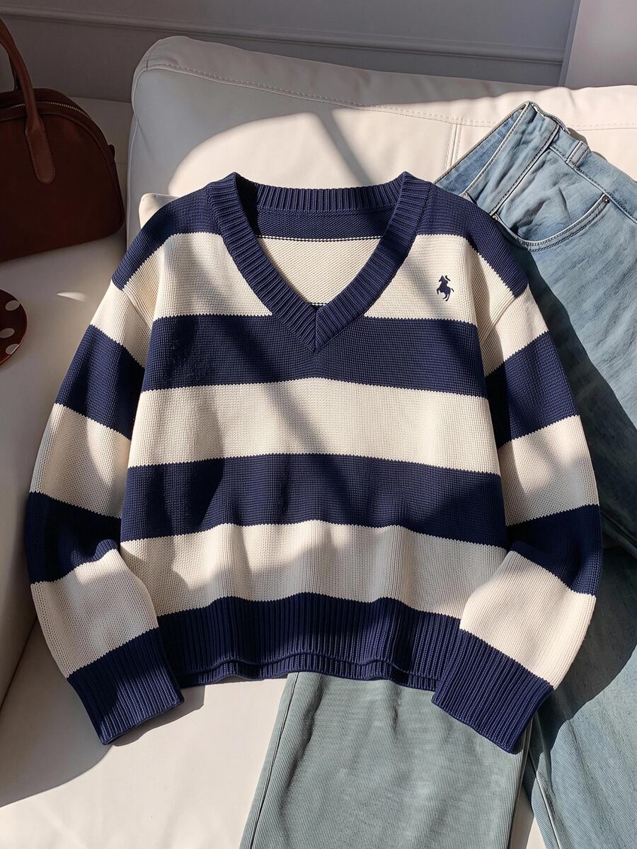SHEIN 青少年女孩秋冬藍色與白色拼色條紋V領針織衫 寬鬆休閒日常街頭風 - 彩色 - 查看 1