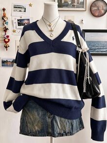 SHEIN 青少年女孩秋冬藍色與白色拼色條紋V領針織衫 寬鬆休閒日常街頭風 - 彩色 - 查看 2
