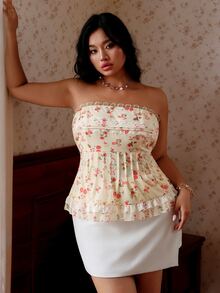 CovetEZ Spring/Summer New Business Casual Curve Floral Ruffle Hem Casual Plus Size Tube Top For Women Holiday Vacation White - Multicolor - View 3