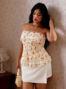 CovetEZ Spring/Summer New Business Casual Curve Floral Ruffle Hem Casual Plus Size Tube Top For Women Holiday Vacation White - Multicolor - View 5