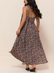 CovetEZ New Vintage Elegant Fairy Boho Bohemian Floral Pattern Draped Neck Romantic Long Dress Plus Size Vacation Wedding Guest Date Night Brown Summer - Brown - View 2