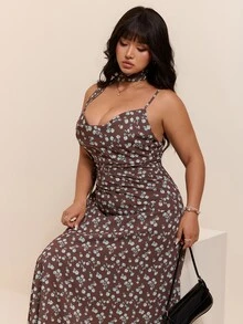 CovetEZ New Vintage Elegant Fairy Boho Bohemian Floral Pattern Draped Neck Romantic Long Dress Plus Size Vacation Wedding Guest Date Night Brown Summer - Brown - View 4