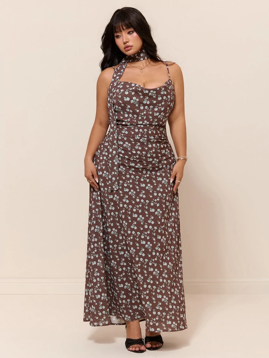 CovetEZ New Vintage Elegant Fairy Boho Bohemian Floral Pattern Draped Neck Romantic Long Dress Plus Size Vacation Wedding Guest Date Night Brown Summer - Brown - View 1