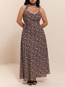 CovetEZ New Vintage Elegant Fairy Boho Bohemian Floral Pattern Draped Neck Romantic Long Dress Plus Size Vacation Wedding Guest Date Night Brown Summer - Brown - View 8
