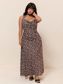 CovetEZ New Vintage Elegant Fairy Boho Bohemian Floral Pattern Draped Neck Romantic Long Dress Plus Size Vacation Wedding Guest Date Night Brown Summer - Brown - View 6