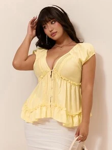 CovetEZ Plus Size Women's Solid Color Casual Versatile Daily Wear Shirt - Yellow - View 4
