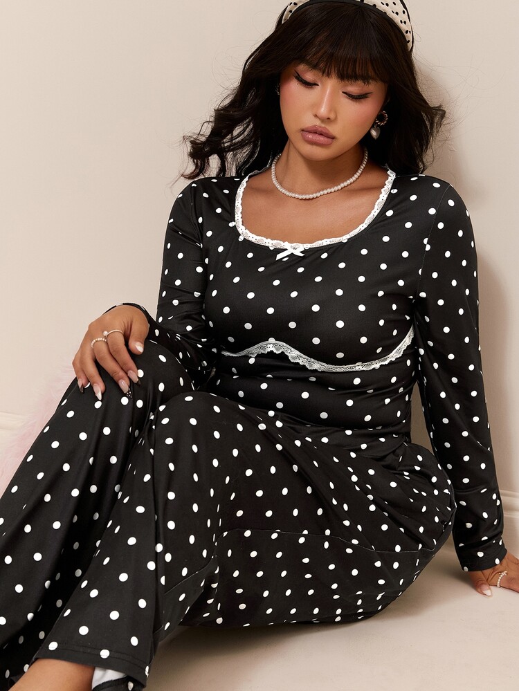CovetEZ Black And White Button-Up Top With Lace Patchwork Long Pants Casual Cute Fairy Elegant Kawaii Plus Size 2 Pieces Set For Girls Vacation Evening Autumn - Black and White - View 7