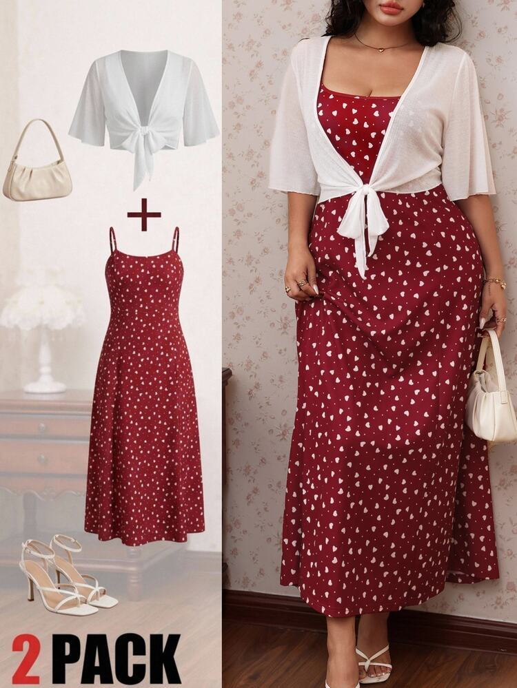 CovetEZ Knit Semi-Sheer Textuallover Red White Cover Up Heart Print Camisole Maxi Dress Elegant Plus Size 2 Pieces Set Summer Date Night Party Burgundy - Red - View 7