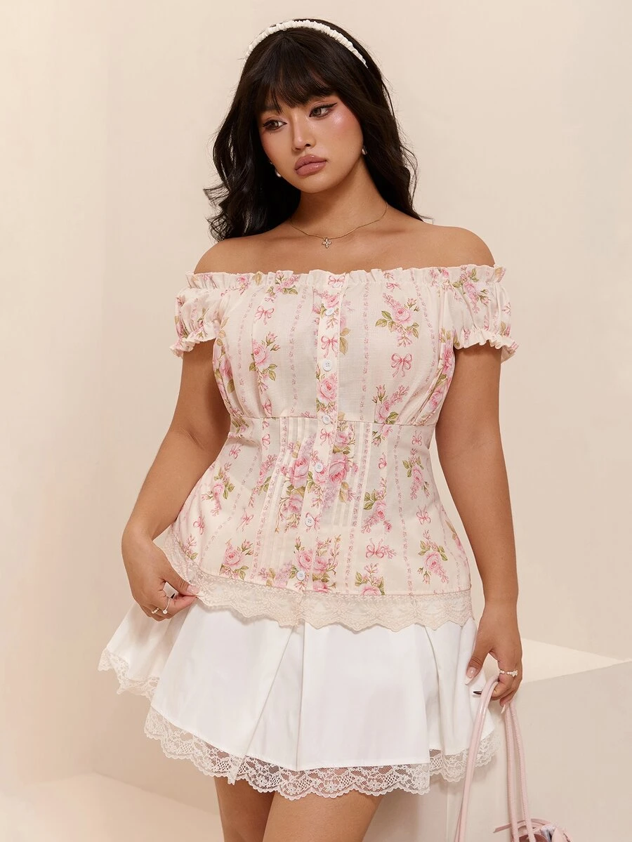 CovetEZ New Romantic Corset Tropical Elegant Floral Print Lace Colorblock Patchwork Casual Plus Size Short Sleeve Shirt Birthday Party Date Night White Summer - Pink - View 1