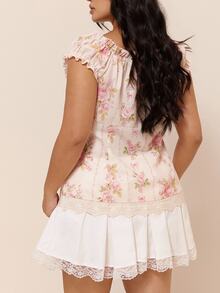 CovetEZ New Romantic Corset Tropical Elegant Floral Print Lace Colorblock Patchwork Casual Plus Size Short Sleeve Shirt Birthday Party Date Night White Summer - Pink - View 2