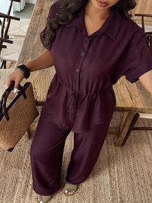 Weeklong Conjunto de 2 piezas de talla grande para verano, con camisa y pantalones de unicolor con cordón a la cintura - Burdeos - Ver 5