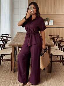 Weeklong Conjunto de 2 piezas de talla grande para verano, con camisa y pantalones de unicolor con cordón a la cintura - Burdeos - Ver 1