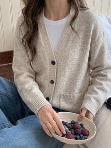Livesso Women's Solid Color Pocket Front Button Long Sleeve Cardigan, Autumn School Everyday Home Beige Casual - Apricot - View 5