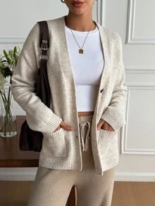 Livesso Women's Solid Color Pocket Front Button Long Sleeve Cardigan, Autumn School Everyday Home Beige Casual - Apricot - View 3