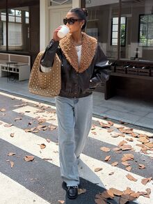 Muchica Women's Winter New Brown Shawl Collar Patchwork Plush PU Leather Regular Jacket - Brown - View 5