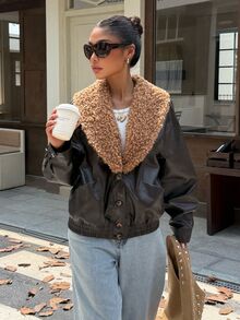 Muchica Women's Winter New Brown Shawl Collar Patchwork Plush PU Leather Regular Jacket - Brown - View 3