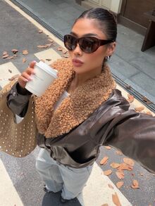 Muchica Women's Winter New Brown Shawl Collar Patchwork Plush PU Leather Regular Jacket - Brown - View 7