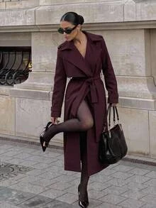 Aloruh Women's Fashion Commuter Belted Trench Coat Jacket,New Fall Styles Long Trench Coat Autumn Outfit For Women Work Outfits For Women - Purple - View 4