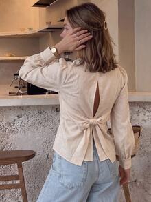 Women's Casual French Elegant Versatile Solid Color Bowknot Decor Blouse Brunch Beige Autumn Everyday Date - Apricot - View 8
