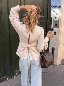 Women's Casual French Elegant Versatile Solid Color Bowknot Decor Blouse Brunch Beige Autumn Everyday Date - Apricot - View 4