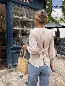 Women's Casual French Elegant Versatile Solid Color Bowknot Decor Blouse Brunch Beige Autumn Everyday Date - Apricot - View 6