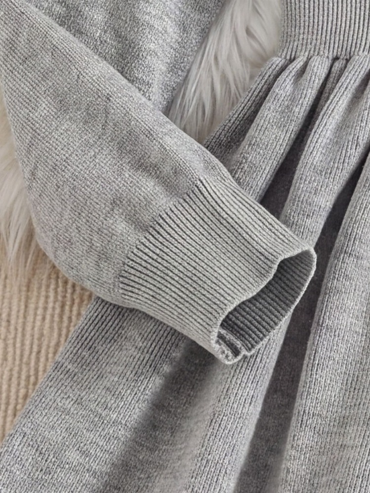 SHEIN Tween Girl Casual Elegant Beaded Contrast Color Ruffle Collar Long Sleeve Flared Waist Dress Knit Dress Princess Dress Girls Dress Children Knit Dress Girls Knit Dress Light Gray Floral - Light Grey - View 6
