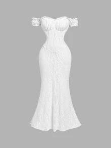 SHEIN MOD Women's Off-Shoulder Lace Elegant Waist-Cinching Party Dress - White - View 5
