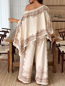 Weeklong Plus Size Women's Spring/Summer Casual Poncho, Asymmetric Hem, Paisley Print, Island Vacation 2 Pieces Set Fall Elegant - Multicolor - View 2