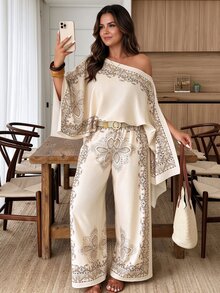 Weeklong Plus Size Women's Spring/Summer Casual Poncho, Asymmetric Hem, Paisley Print, Island Vacation 2 Pieces Set Fall Elegant - Multicolor - View 1