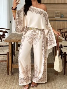 Weeklong Plus Size Women's Spring/Summer Casual Poncho, Asymmetric Hem, Paisley Print, Island Vacation 2 Pieces Set Fall Elegant - Multicolor - View 6