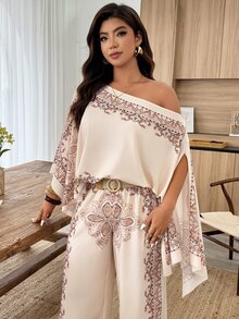Weeklong Plus Size Women's Spring/Summer Casual Poncho, Asymmetric Hem, Paisley Print, Island Vacation 2 Pieces Set Fall Elegant - Multicolor - View 4