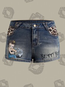 Betty Boop x SHEIN Women's Patchwork Blue Leopard Print Pocket Fashion Denim Shorts Everyday Going Out Summer Casual Y2k - Blue - View 3