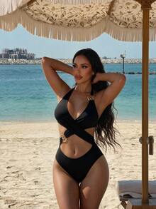 SHEIN Swim 女士纯金色装饰后背系带连体泳衣 - 黑色 - 查看 6