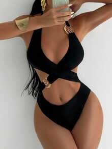 SHEIN Swim 女士纯金色装饰后背系带连体泳衣 - 黑色 - 查看 1