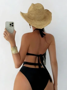 SHEIN Swim 女士纯金色装饰后背系带连体泳衣 - 黑色 - 查看 2