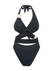 SHEIN Swim 女士纯金色装饰后背系带连体泳衣 - 黑色 - 查看 4