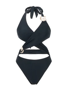 SHEIN Swim 女士纯金色装饰后背系带连体泳衣 - 黑色 - 查看 3
