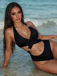 SHEIN Swim 女士纯金色装饰后背系带连体泳衣 - 黑色 - 查看 5