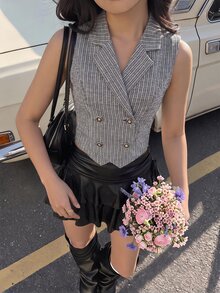 SHEIN MOD 雙排扣黑白粗花呢翻領女款西裝外套 辦公商務休閒優雅夏季款 - 黑與白 - 查看 5