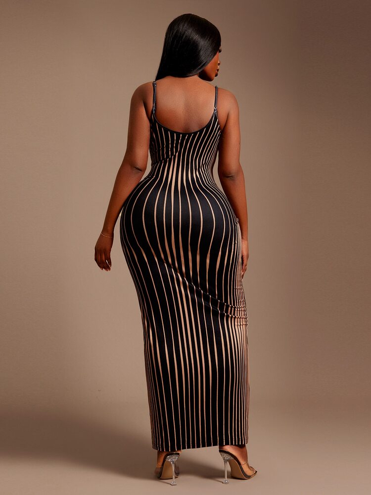Radiana Plus Size Women's Black Summer Bandage Night Out Rave Club Streamlined Striped Bodycon Maxi Dress Spaghetti Strap Vertical Stripe Slay Diva Sexy - Multicolor - View 7